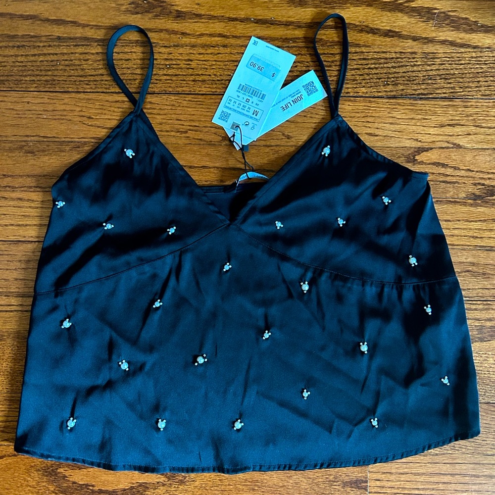 Zara Black Beaded Satin Camisole